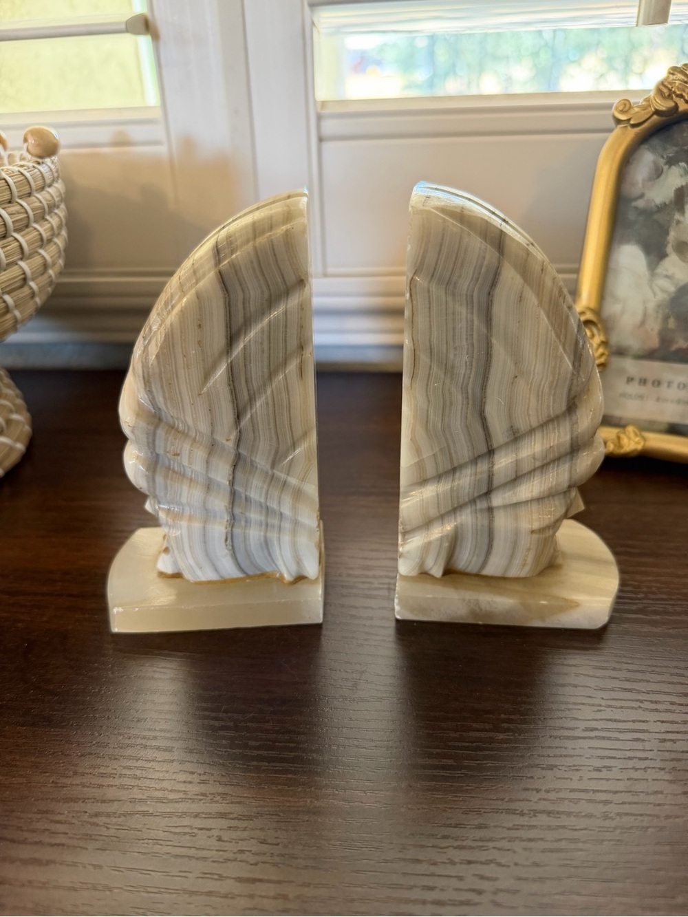 Cream Striated Stone Bookends - Elegant Shelf Accents